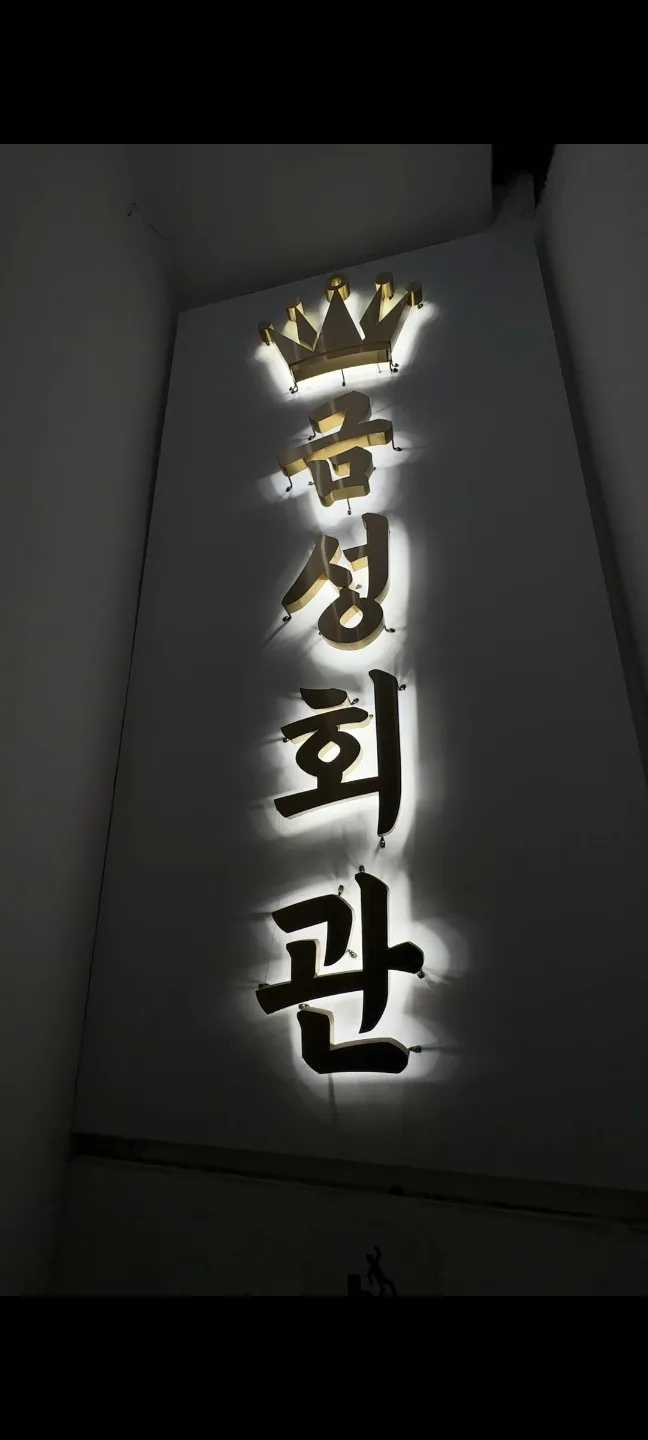 Illuminated vertical signboard reading 금성회관, topped with a crown channel sign